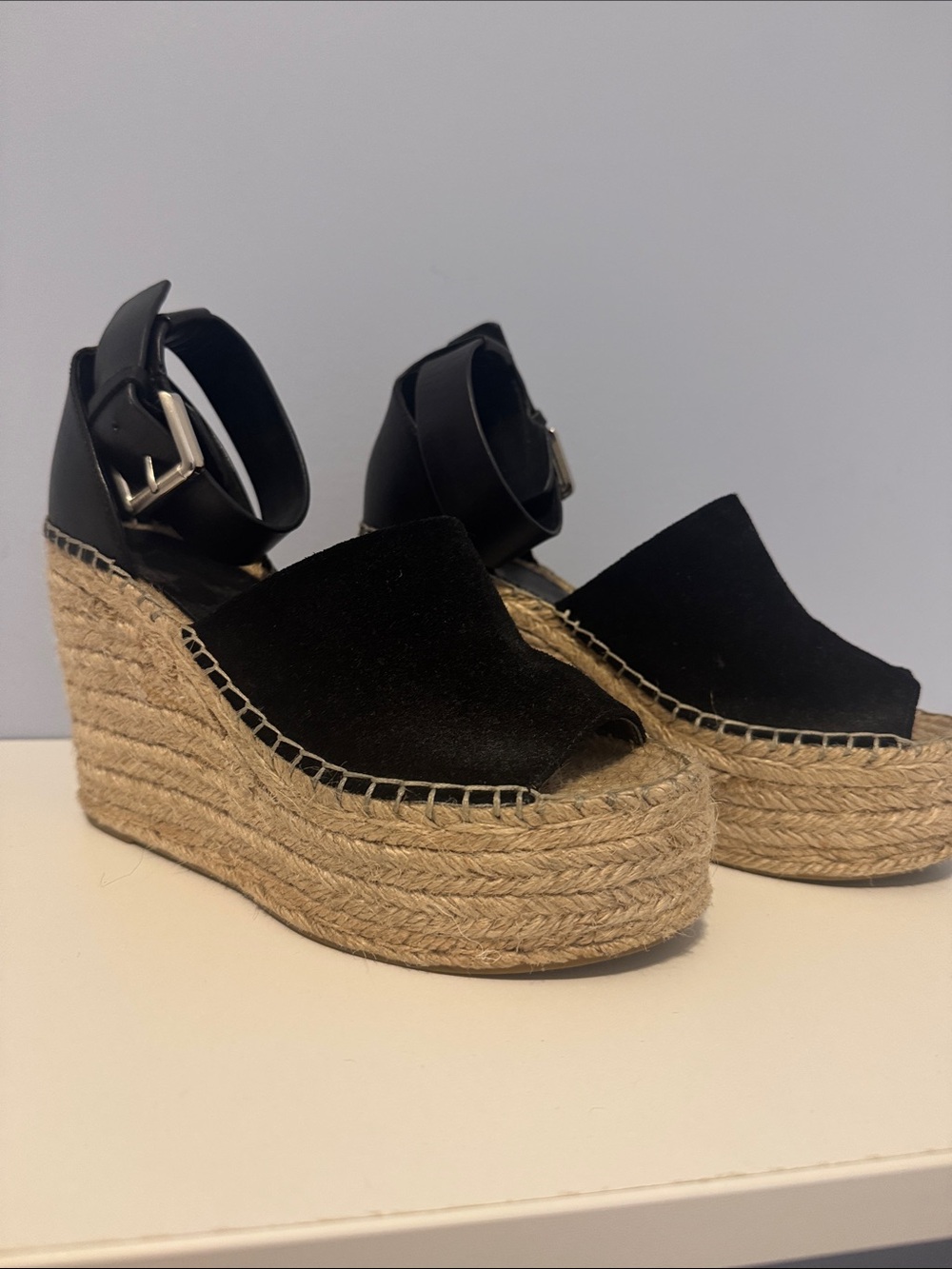 Marc Fisher Adalyn Black Suede Espadrille Wedge Sandals Size 6.5